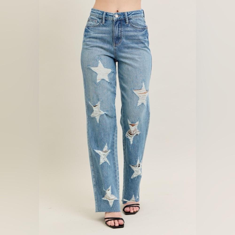Judy Blue High Waist Rigid Magic Star Shaped Destroy 90's Straight Jeans - Picture 5 of 9
